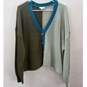 True Craft Women 2X Colorblock Cardigan Sweater Green Teal Waffle Knit Button Up